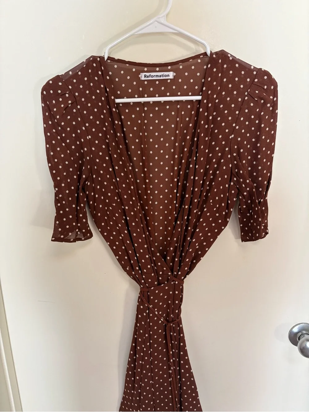 Reformation Rust Brown Polka Dot Wrap Blouse